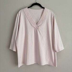 LL Bean Womens 3/4 Sleeve Pintucked V-Neck Top Supima Cotton Pink Size 1X